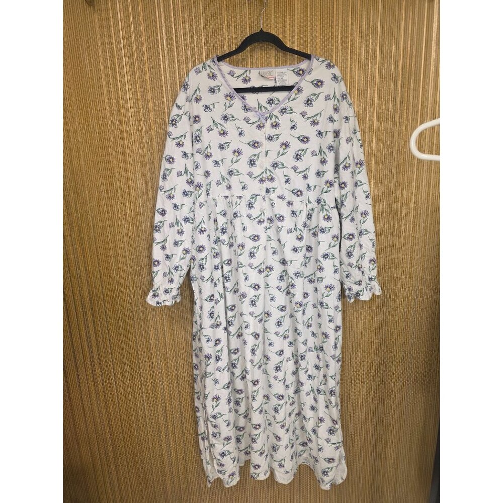 Basic Womens 3XL White Floral Long Flannel Long-Sleeve Nightgown 100% Cotton